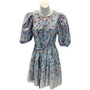 St. Roche Ciel Cotton Floral Print Puff Sleeve Mini Dress Blue Ombré Bird Belt 4